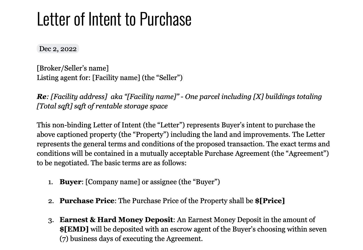 Self Storage LOI Template